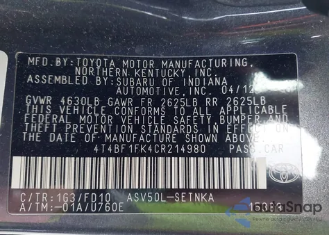 2012 Toyota Camry Le z USA, uszkodzony, nr VIN 4T4BF1FK4CR214980